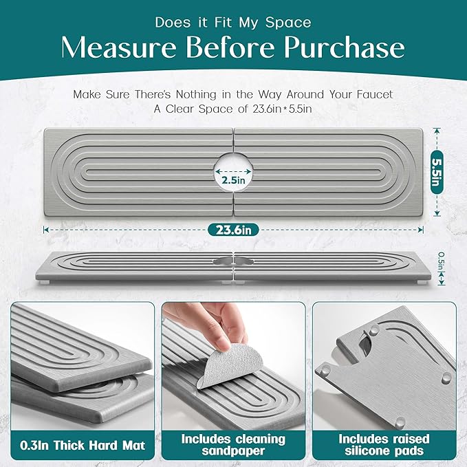Kitchen Faucet Absorbent Mat - Large Diatomaceous Earth Splash Guard for Sink Faucet, Aesthetic Water Absorbing Stone Tray in The Modern Home (Grey, 23.6" x 5.5")