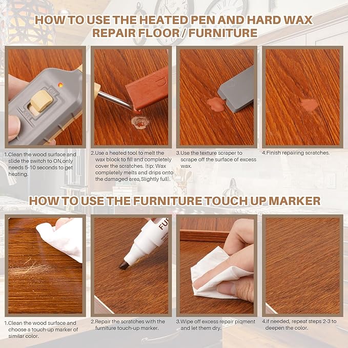 Vinyl Floor Repair Kit with Heat Pen - 6 Colors Hardwood Floor Wax Wood Furniture Marker Laminate Repair Kit Cover Scratches, Stains,Cracks, Holes for Doors, Cabinets, Table, Floors
