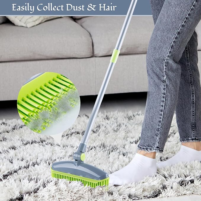 Rubber Broom Carpet Rake for Pet Hair Remover, Fur Remover Broom with Squeegee, Portable Detailing Lint Remover Brush, Pet Hair Removal Tool for Fluff Carpet, Hardwood Floor, Tile, Window (grey&green)