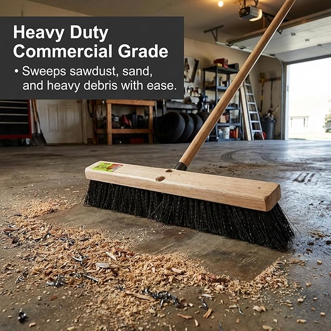 Black Indoor Push Broom Head – Heavy Duty Hardwood Block – Polypropylene Bristles – Deck Scrub Brush – Two Threaded Handle Holes for Better Assist (14")