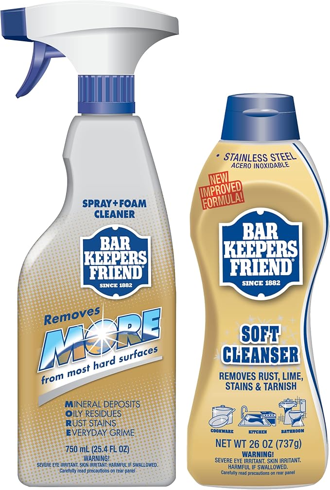 Bar Keepers Friend Soft Cleanser (26 oz) MORE Spray + Foam (25.4 oz) Multipurpose Cleaner Bundle, Stain & Rust Remover for Multi Surface Bathroom, Kitchen & Outdoor Cleaning