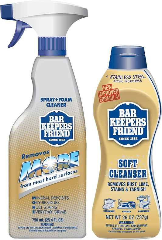 Bar Keepers Friend Soft Cleanser (26 oz) MORE Spray + Foam (25.4 oz) Multipurpose Cleaner Bundle, Stain & Rust Remover for Multi Surface Bathroom, Kitchen & Outdoor Cleaning