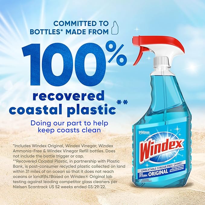 Windex Refill Glass and Window Cleaner Bottle, Bottle Made of 100% Recycled Plastic, Surface Cleaning Spray, Original Blue Scent, 2L (67.6 Fl Oz) (Pack of 6)