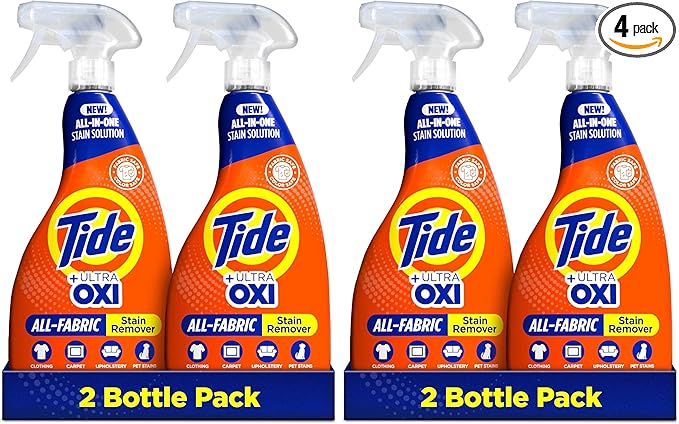 Tide Laundry Stain Remover Spray with Oxi, Stain Remover for Clothes, Carpet, Upholstery, Pet Bedding, & More, Stain Treater Spray for Tough Stains from Wine, Coffee, Grease, 21.5 Fl Oz (Pack of 4)