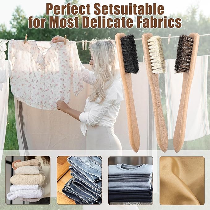 3 Pcs Laundry Stain Brush, Wood Laundry Stain Brush with Boar Bristle for Scrubbing Stains from Cloth Fabric Leather and Household