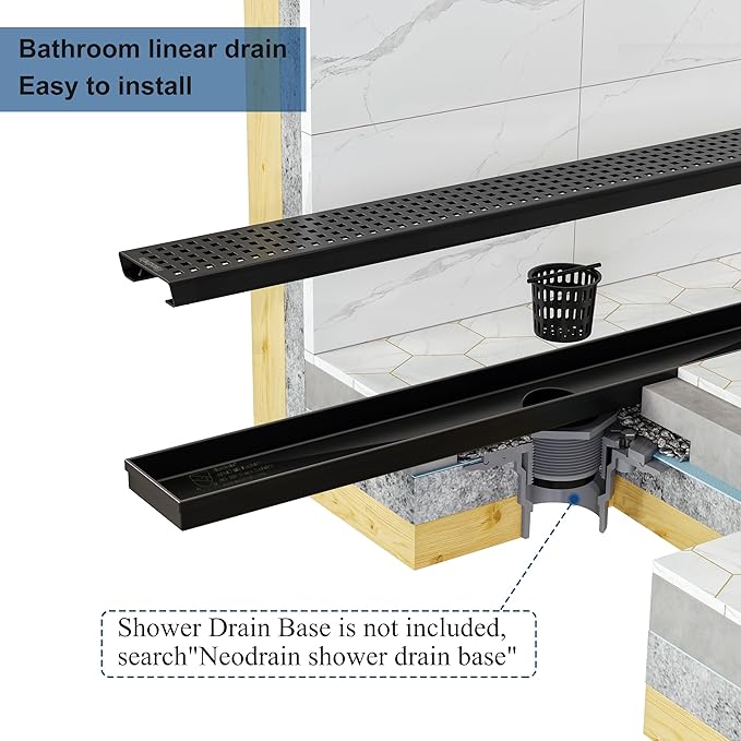Neodrain 28-Inch Black Linear Shower Drain with Removable Quadrato Pattern Grate,Professional 304 Stainless Steel Rectangle Shower Floor Drain Manufacturer,Leveling Feet,Hair Strainer,Matte Black