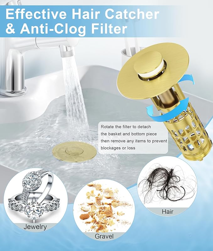 Upgraded Bathroom Sink Stopper with Hair Catcher - Universal Pop-Up Drain Plug, Stainless Steel & Silicone Seal for 1.1-1.5 Inch Drains, Gold Matte Brushed Finish (Gold Matte Brushed)