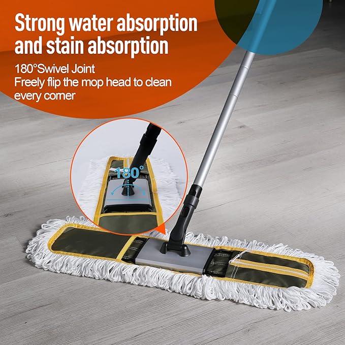 24" Commercial Dust Mop for Floor Cleaning, Heavy Duty Floor Mop with 59” Extendable Long Handle, Hotel Gym Garage Hospital Household Cleaning Supplies for Hardwood, Tiles, Marble Floors