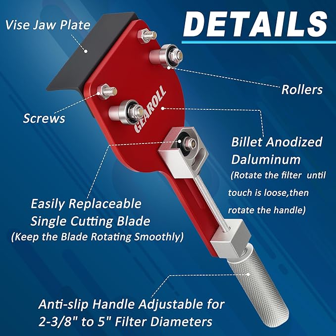 77750 Oil Filter Cutter Tool with Vise Jaw Plate, Oil Filter Cutter Cutting Tool for Filter Cutting Range 2-3/8" to 5" (Red)