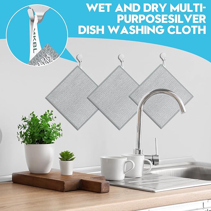 10 Pcs New Upgraded 3 Layers Non Scratch Wire Dishcloth, Multipurpose Wire Dishwashing Rags, Wet & Dry for Cookware, Sinks, Dishes, Stoves & Fireplaces (7.87 x 7.87-10pcs)