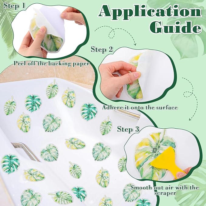 32 Pcs Cute Non Slip Bathtub Stickers for Shower Colorful Bathroom Anti Slip Shower Stickers Floor Applique Adhesive Decals with Scraper for Bathtub Bathroom Floor Pools(Monstera Deliciosa)