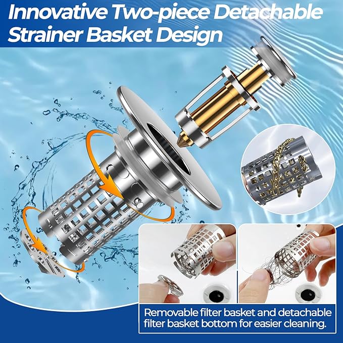Bathroom Sink Drain Strainer, Stainless Steel Pop-up Strainer Basket Hair Catcher with Removable Basket, Brass Bullet Core, Universal Fit 1.1-2.36 Inch