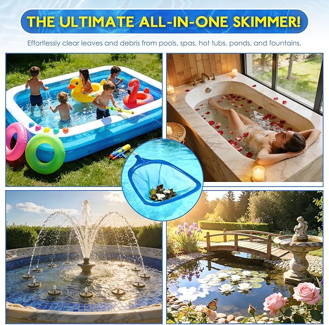 FEED GARDEN Hot Tub Pool Skimmer Spa Net with 12'' Aluminum Pole 11" x25" Blue Mesh, 6-Inch Deep for Small Above Ground Pools Pick Up Fine Debris Lightweight Leaf Net