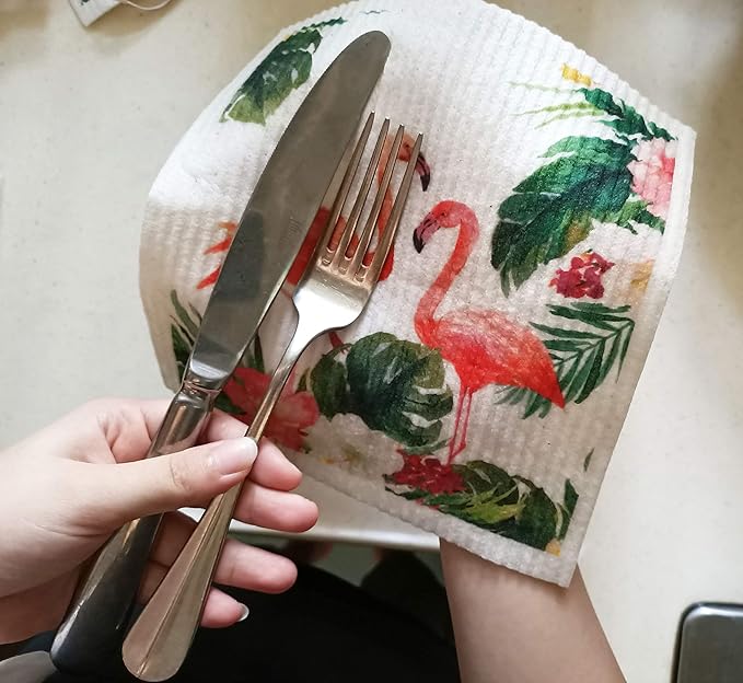 Swedish Dishcloth Reusable Kitchen Dish Towels Absorben and Fast Dry Cleaning Cloths Set of 4 No Odor Wipes (Flamingo)