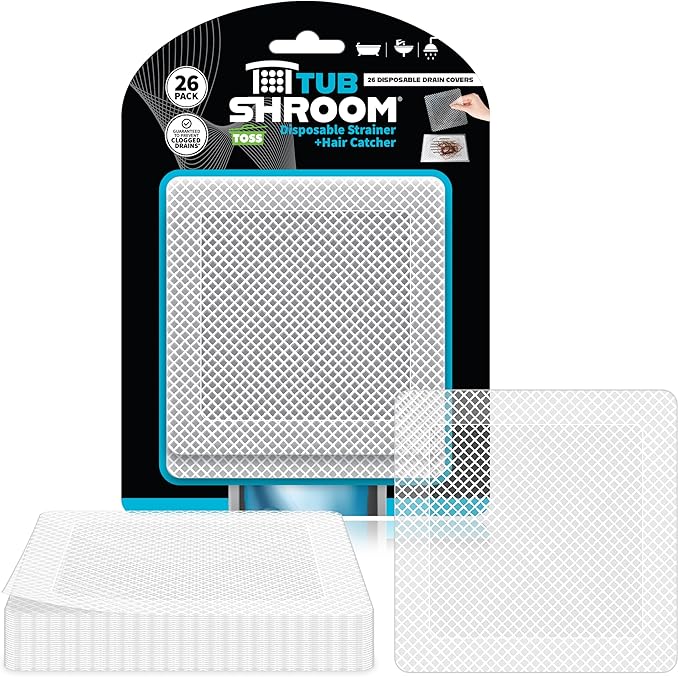 TubShroom 26 Pack Square Disposable Drain Cover - Hair Catcher Mesh Sticker Strainers for Shower Bathtub and Bathroom - Hair Catcher Sticker Drain Protector - Half Year Supply