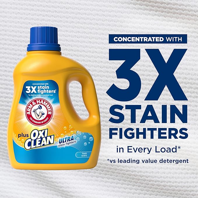 ARM & HAMMER Plus OxiClean Ultra Stain Fighters Liquid Laundry Detergent, Stain Remover for Clothes, Fresh Scent, 74 Loads, 96.2 Fl Oz