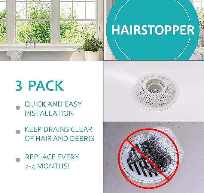 Hairstopper Drain Cover Hair Catcher for Shower and Bathtub, Protects Against Clogs Without Blocking Water Flow, White, 3 Pack