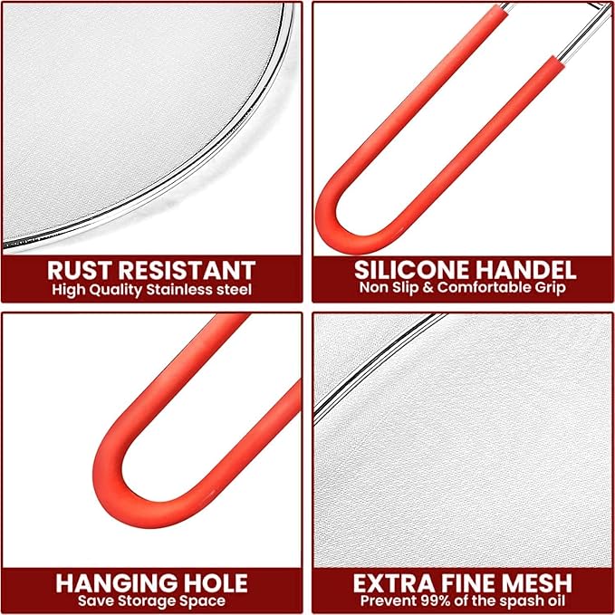 13" Grease Splatter Screen for Cooking | Stainless Steel Oil Splatter Guard and Ultra-Fine Mesh Protects Skin from Burns | Silicone Red Handle