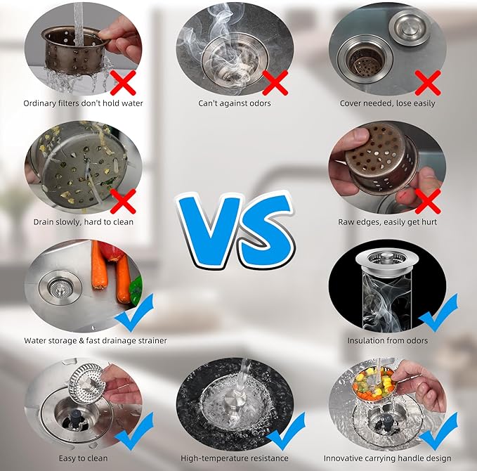 Hibbent All Metal Stainless Steel 3 in 1 Kitchen Sink Drain Strainer and Stopper Combo, Upgraded Sink Stopper, Anti-Clogging Stainless Steel Basket Strainer with Handle for US Standard 3-1/2" Drain