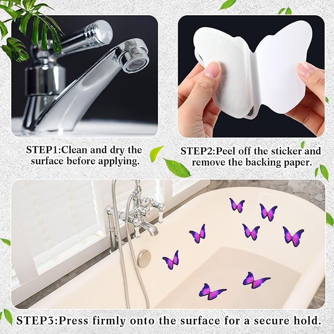 20 Pcs Non Slip Bathtub Stickers Anti Slip Shower Stickers Butterfly Anti Skid Bathtub Decals Adhesive Shower Grips Peel and Stick Treads Applique with Scraper(Purple,Butterfly)