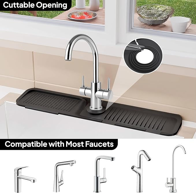 24 Inch Silicone Faucet Mat for Kitchen Sink Longer Splash Guard Behind Faucet Fast Draining 5° Slope Sink Protector Water Catcher Draining Mat Black