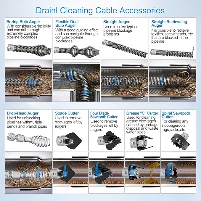 10Pcs Drain Snake Drill Attachment, Includes 4 Cutters and 5 Spirals, Drain Auger Cutter Kit, Compatible with K-400,C-4,C-6,C-7,C-8,and C-9 Models