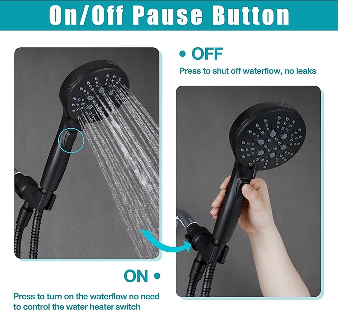 GwernKB Handheld Shower Head with on off Switch&Built-in Power Spray,7-Setting High Pressure Spray Shower Wand with 79in Long Hose&Bracket and Extra Adhesive Shower Holder for Lower Mount,Black