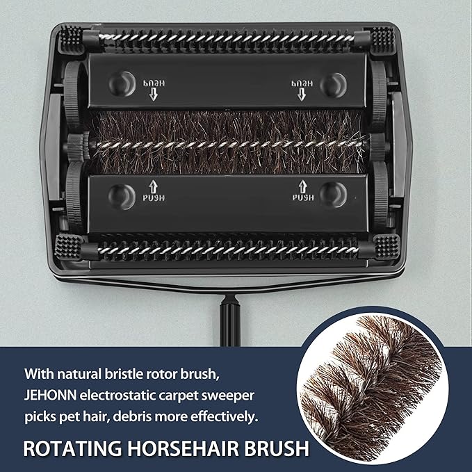 JEHONN Carpet Floor Sweeper Manual with Horsehair, Non Electric Quite Rug Roller Brush Push for Cleaning Pet Hair, Loose Debris, Lint (Black)