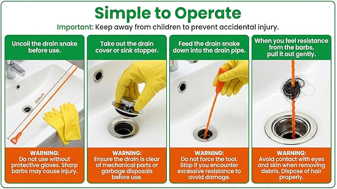 20 Inch Drain Snake, Drain Clog Remover – Reusable Flexible Snake Drain Hair Removal Tool for Sink, Drain Snake Hair Removal – Easy Use Plumbing Unclogger for Toilet, Bathroom Tub & Sewer (10 Pack)