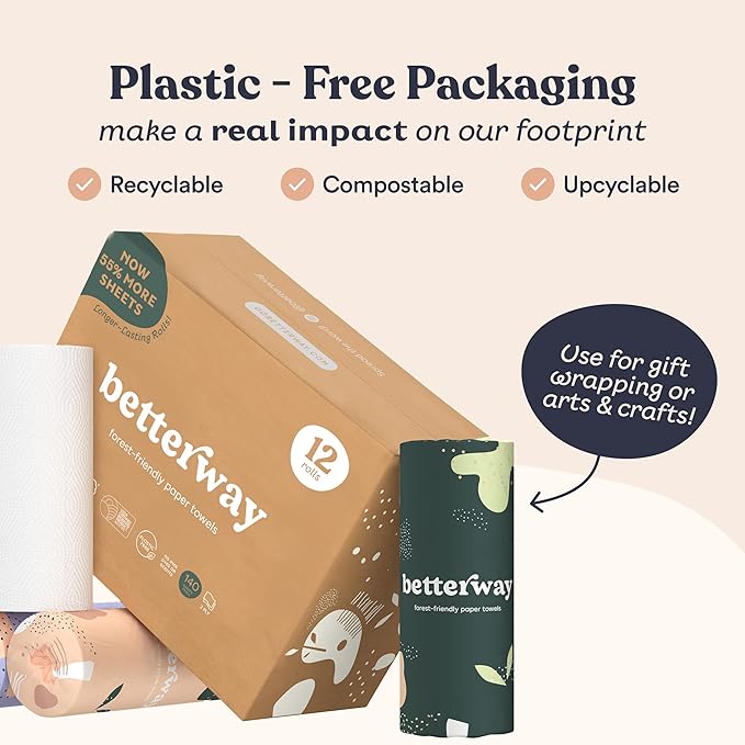 Betterway Bamboo Paper Towels 12 Pack - Non Toxic, Eco Friendly, PFAS Free - 140 Sheets/Roll, 2-Ply, No Plastic, No Dyes, Compostable, Sustainable, Strong & Absorbent, FSC Certified, Natural, White