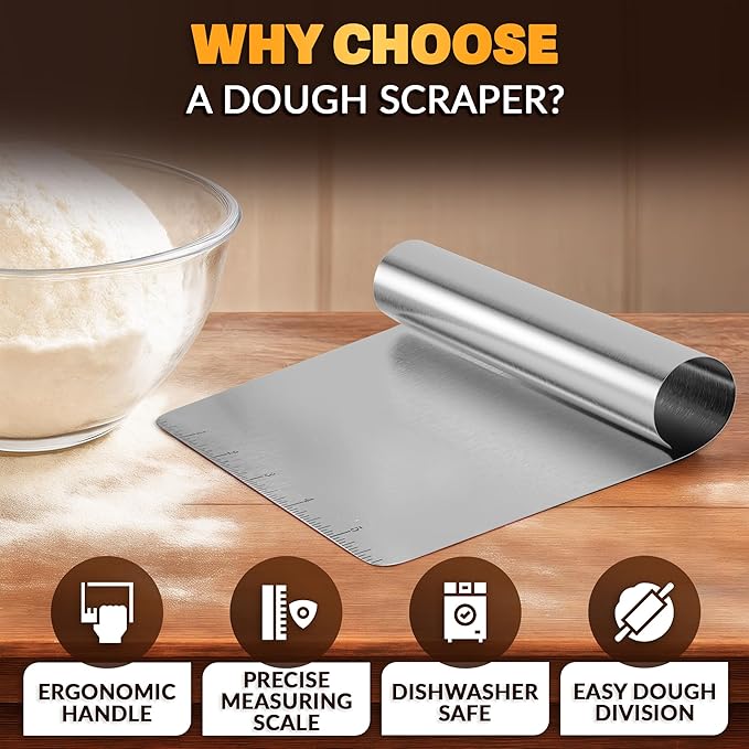 Bench Scraper Kitchen – Multipurpose Pastry Scraper Tool with Measurement Marks for Even Portions, Stainless Steel Build, Ergonomic Grip for Better Control – Pizza, Cookie & Bread Dough Cutter Tool