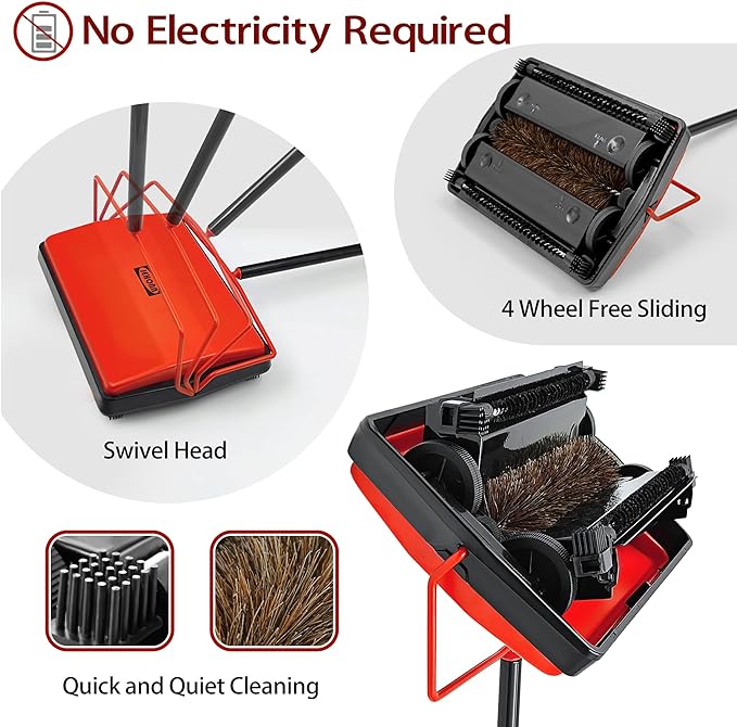 JEHONN Carpet Floor Sweeper Manual with Horsehair, Non Electric Quite Rug Roller Brush Push for Cleaning Pet Hair, Loose Debris, Lint (Red)
