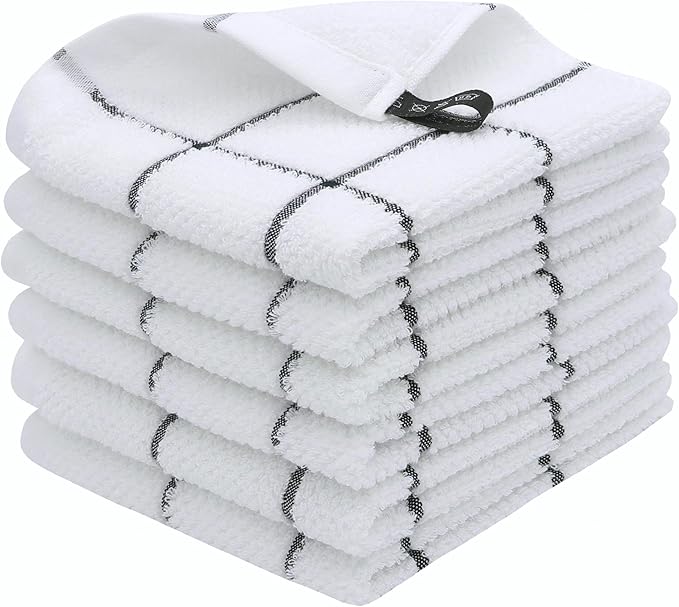 Cotton Dish Towels for Kitchen, Thick Terry Dish Rags 6 Pack, Absorben Dish Cloths for Washing Dishes,13 x 13 in, Soft Kitchen Washcloths Hand Towels (Black Grid)