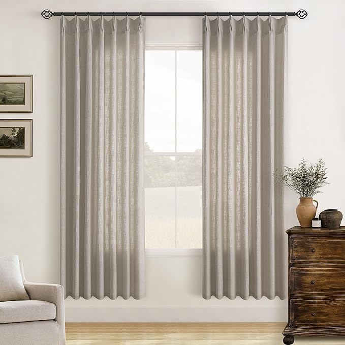 Burlywood Birch Pinch Pleated Linen Curtains 72 Inch Length 2 Panels for Living Room Bedroom Memory Trained Semi Sheer Short Pleat Drapes with Hooks Rings Back Tab Window Curtain Cabin Closet 40x72