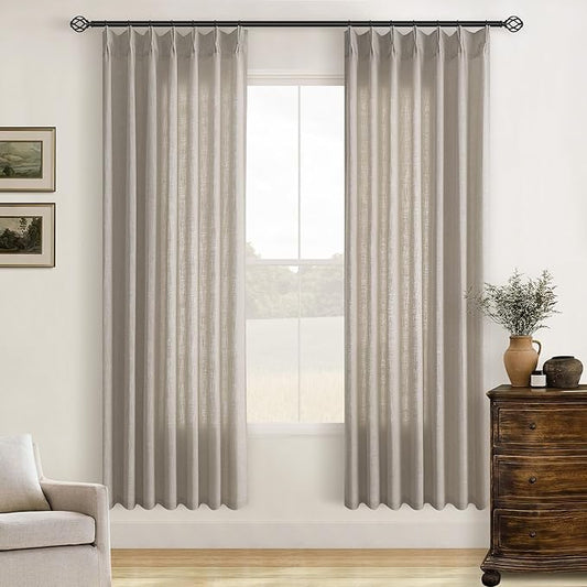Burlywood Birch Pinch Pleated Linen Curtains 72 Inch Length 2 Panels for Living Room Bedroom Memory Trained Semi Sheer Short Pleat Drapes with Hooks Rings Back Tab Window Curtain Cabin Closet 40x72