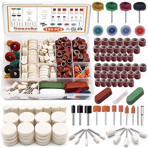 185Pcs Wool Felt Polishing Kit with Sanding Drum –1/8inch Shank Rotary Tool Accessories Set, Includes Buffing Wheels,Polishing Compound & Pads for Metal,Wood,Ceramic, Stainless Steel & Glass