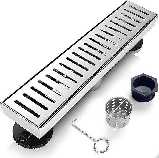 12 Inch Linear Shower Drain Bathroom Kitchen Silver Floor Drain Removable Capsule Pattern Cover Accessories Shower Drain 304 Stainless Steel Drain with Hair Strainer Adjustable Leveling Feet