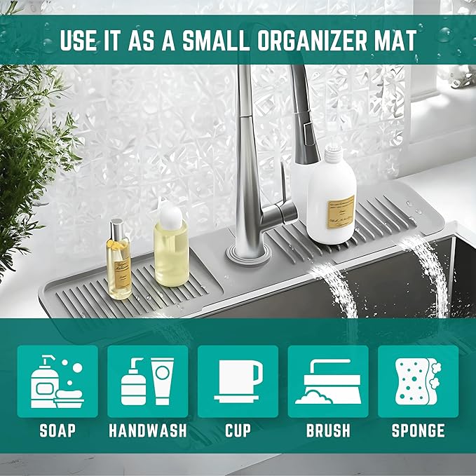 Faucet Mat for Kitchen Sink - Kitchen Sink Splash Guard with FREE Rubber Drain Insert - Faucet Guard Draining Mat, Faucet Mat Dish Soap Sponge Holder for Kitchen Sink (Gray, 18 Inch)