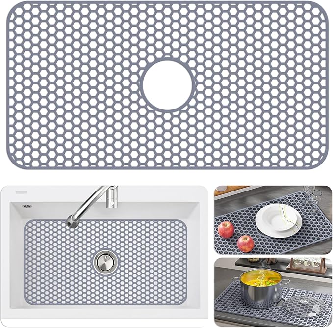 Silicone Sink Protectors for Kitchen Sink with Center Drain - 29.7"x 15.5" Kitchen Protector Accessory, Non-Slip Heat Resistan Mat for Bottom of Farmhouse Stainless Steel Porcelain (Gray)