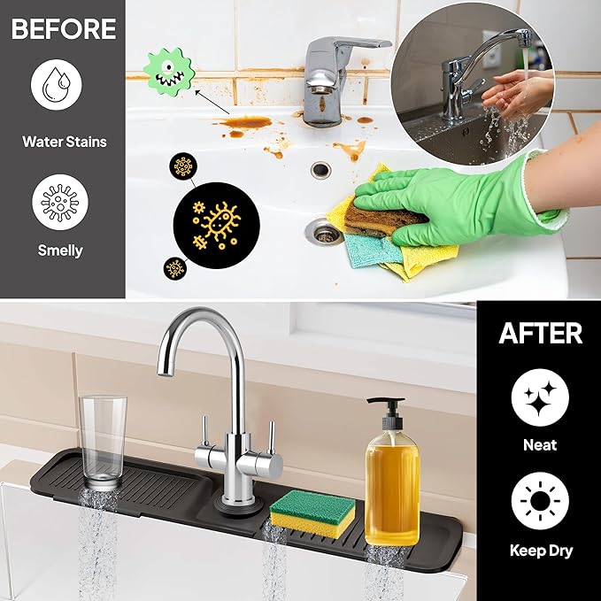 24 Inch Silicone Faucet Mat for Kitchen Sink Longer Splash Guard Behind Faucet Fast Draining 5° Slope Sink Protector Water Catcher Draining Mat Black