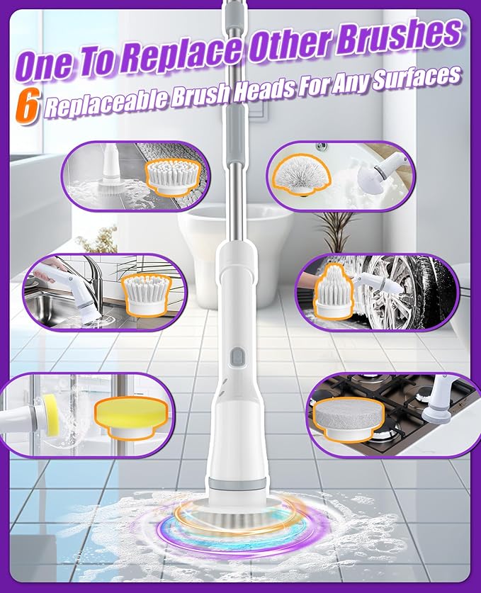 NBONEBS Electric Spin Scrubber, Cordless Shower Scrubber Rotary Floor Brushes & Pad Drivers with 6 Brush Heads - 2H Dual Speed, IPX7 Waterproof Extension Handle for Bathroom Tile Car Cleaning