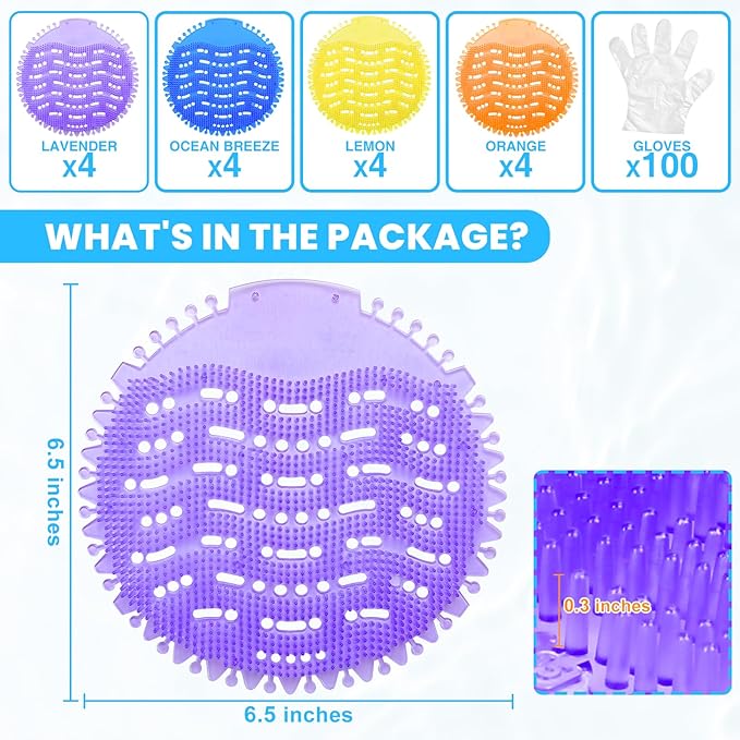 16 Pack Urinal Deodorizer Screen with 100 Gloves, 3D Wave Anti-Splash Odor Protection Urinal Cakes for Men Toilets Dry Wet Urinal Deodorant Bathroom Office Mall Hotel Four Scents Urinal Mats