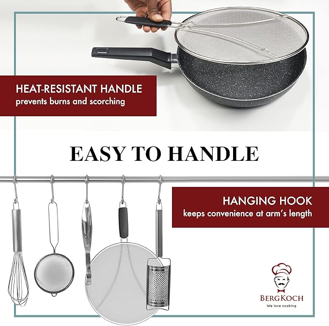BergKoch Splatter Screen for Frying Pan - 11.5 Inch Stainless Steel Grease Splatter Guard - Cover Oil Splash when Sizzling Bacon, Cooking Fried Chicken or Popcorn