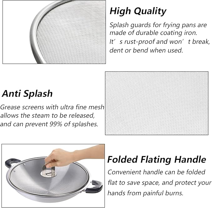 Nicunom 4 Pack Splatter Screen for Frying Pan, 13", 11.5", 10", 8" Stainless Steel Grease Splatter Guard with Fold Flat Knob, Kitchen Oil Splatter Guard Set for Safe Cooking
