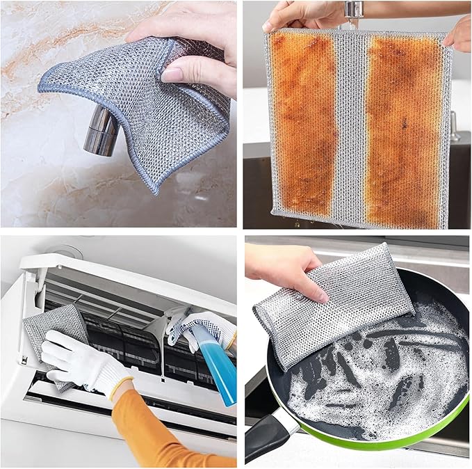 5 PCS Double Layer Stainless Steel Cleaning Cloth Non Scratch Steel Mesh Dishwashing Cloths 20x20 cm Quick Dry Two Layer Metallic Wire Dish Cleaning Rag Towel for Kitchen Dish Sink Stove Top