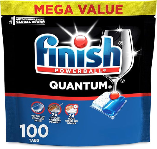 Finish Quantum Dishwasher Pods, No Pre-Rinse Dishwasher Detergent Soap Removes 24HR Dried-On Stain and Grease, Leaving a Virtually Spotless Shine, 100 Count