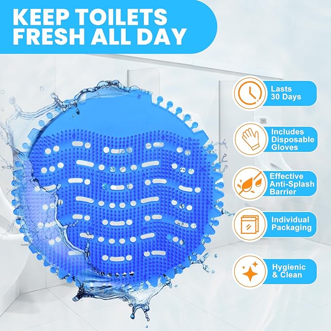 16 Pack Urinal Deodorizer Screen with 100 Gloves, 3D Wave Anti-Splash Odor Protection Urinal Cakes for Men Toilets Dry Wet Urinal Deodorant Bathroom Office Mall Hotel Four Scents Urinal Mats