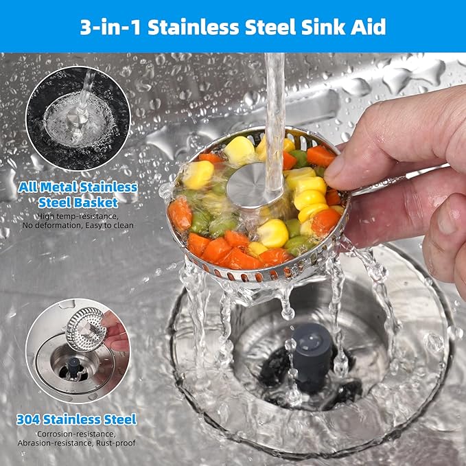 Hibbent All Metal Stainless Steel 3 in 1 Kitchen Sink Drain Strainer and Stopper Combo, Upgraded Sink Stopper, Anti-Clogging Stainless Steel Basket Strainer with Handle for US Standard 3-1/2" Drain