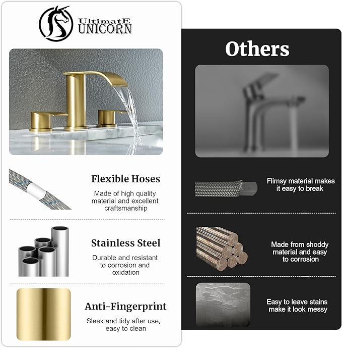 Ultimate Unicorn 8 inch Bathroom Faucet Brushed Gold, Waterfall Bathroom Faucet with Metal Pop-up Sink Drain Stopper and 2 Supply Hoses,2 Handle Widespread Faucets for Vanity Sink 3 Holes