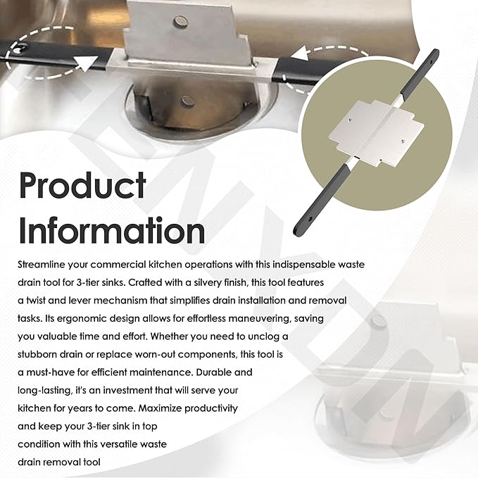Waste Drain Tool for 3 Tier Sink in Commercial Kitchens, Silvery, Twist and Lever Mechanism, Waste Drain Installation and Removal Tool